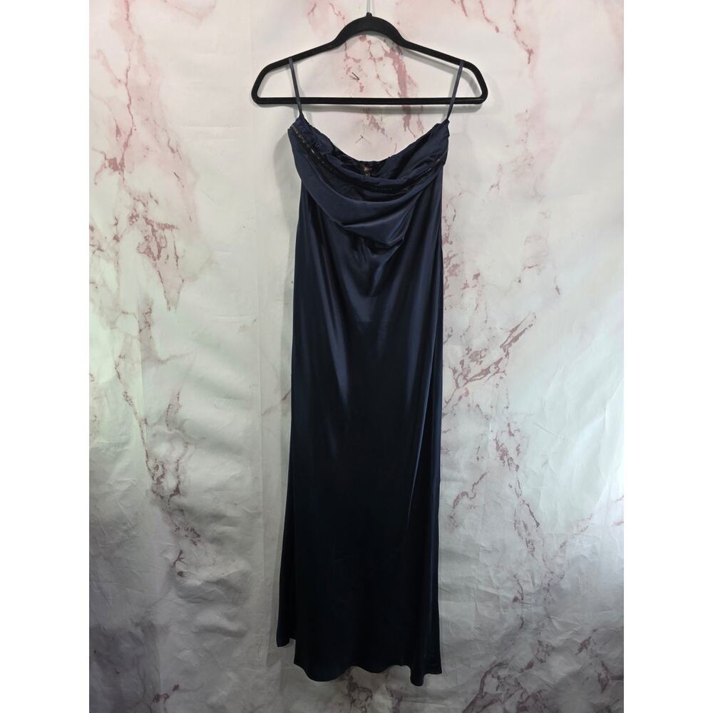 Quince Dress Womens Medium Navy Blue Midi Washable Silk Satin Strapless Slinky